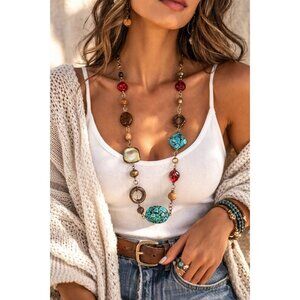 Boho Statement Necklace Turquoise Look Amber Beads Long Chain Vintage 27"
